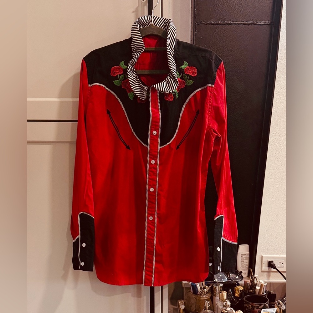 Custom ruffle detail Red Western Embroidered Button-Up Shirt with Black Yoke